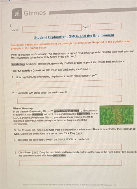 Gmos and the environment gizmo answer key - Activity C: Effects on the environment Get the Gizmo ready: Click Reset to reset the Gizmo. Set Resistance type to None. Set Insecticide and Herbicide to 0 L/ha Introduction: Chemical pesticides from farms can pollute nearby water supplies, negatively affecting the environment.